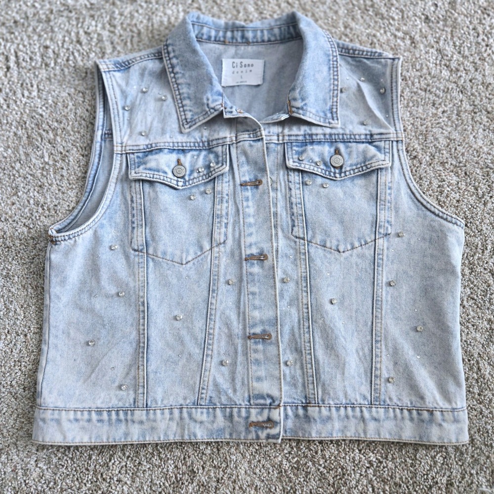 Ci Sono Denim Light Wash Rhinestone Embellished Jean Vest Large